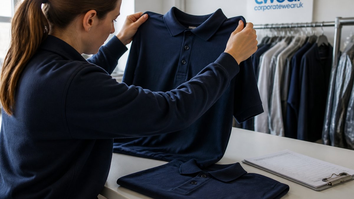 Close-up of a quality inspector in a workwear workshop holding an embroidered navy polo shirt up to the light, checking the logo stitching against a reference sample laid on the table