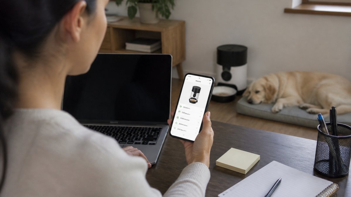 Smartphone app displaying automatic pet feeder meal history and status for a dog resting at home