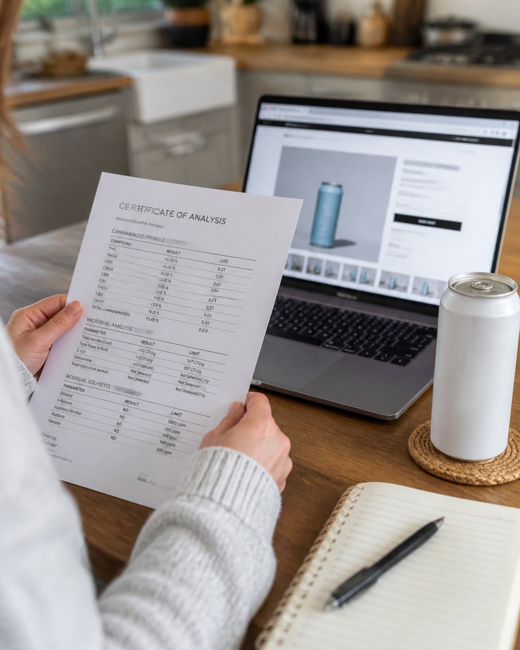 Close-up of a person's hands holding a printed lab report next to a laptop showing a product page, with a beverage can and notebook on a kitchen table in natural light