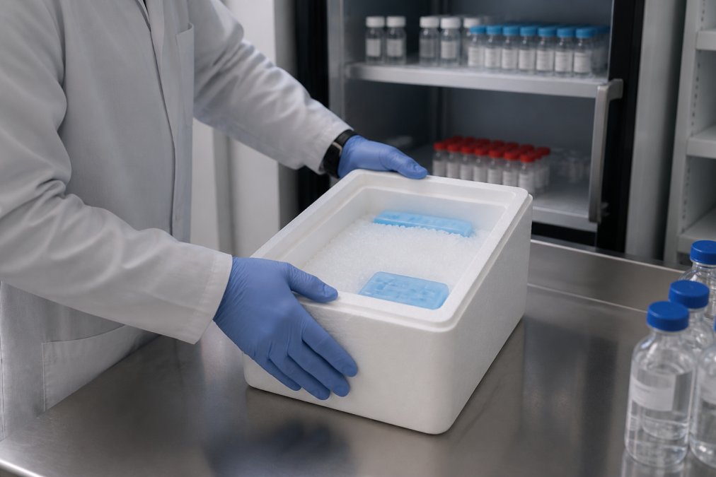 Lab technician placing an insulated shipping box on a bench to ensure a secure peptide supply chain.