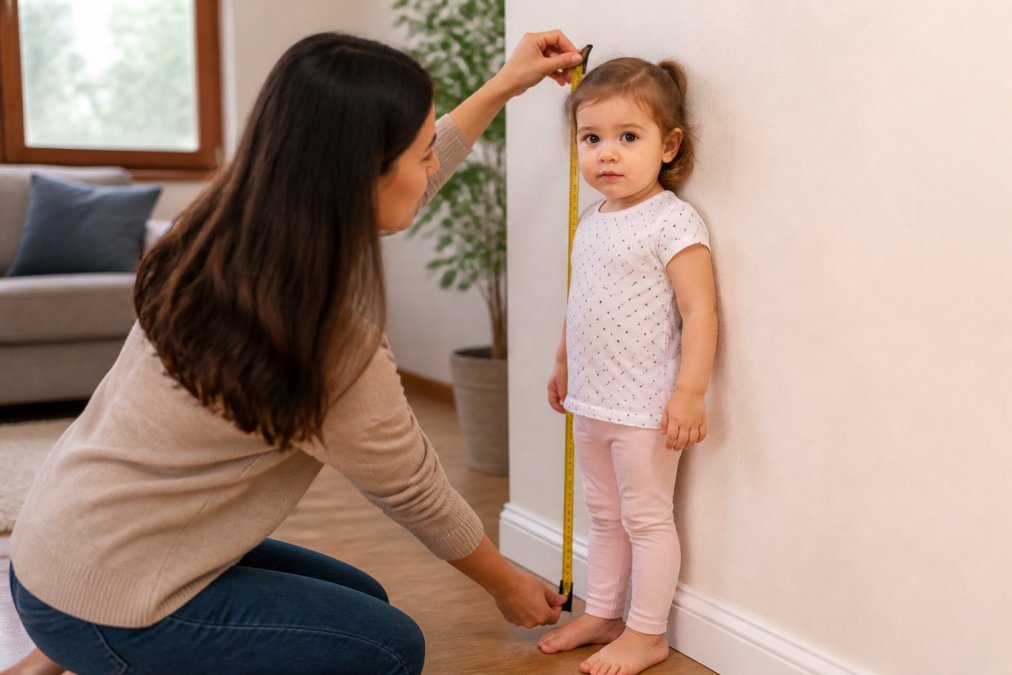 Parent using a measuring tape against a wall to determine accurate toddler sizing at home