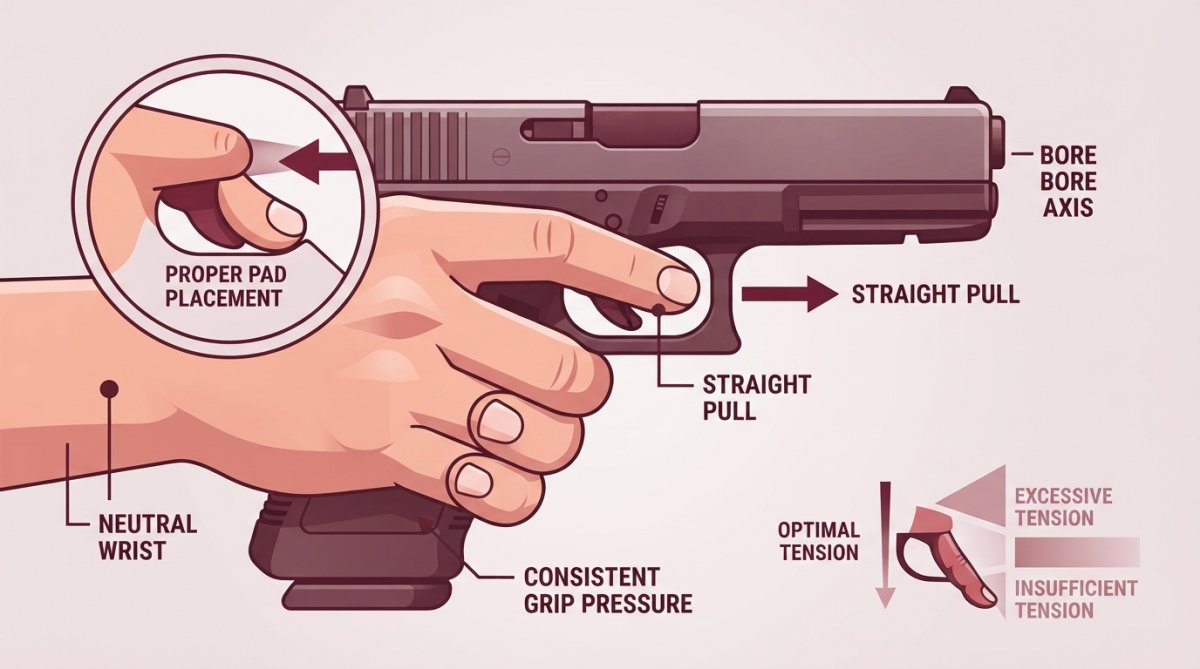 Close-up of a shooter's hand gripping a firearm with proper finger pad placement on the trigger, showing correct alignment and tension in natural outdoor range lighting