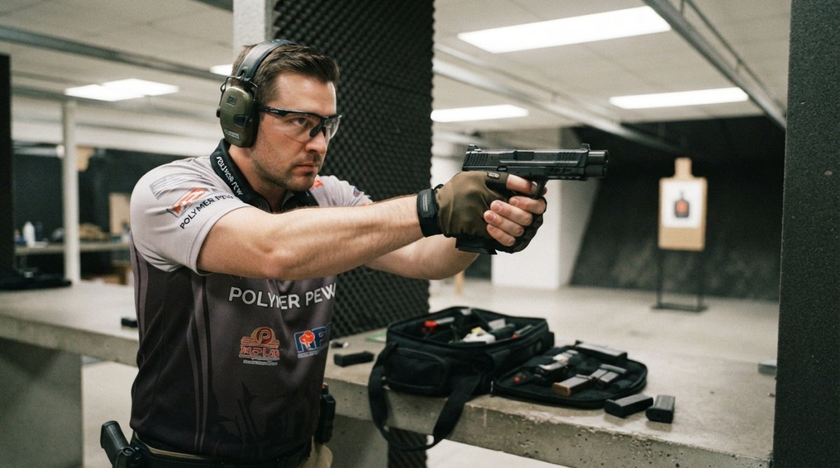 Competitive shooter at indoor range performing dry-fire practice with focused posture, proper sight alignment, and controlled trigger press in professional range lighting