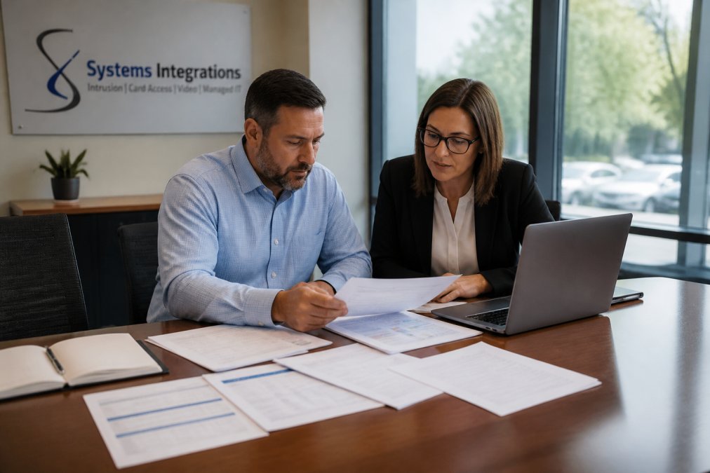 Managers reviewing a multi-site security dashboard to consolidate multi site security vendor contracts