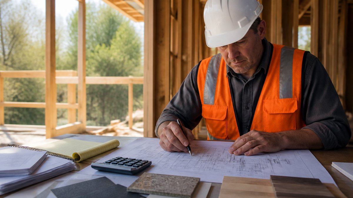 Construction estimator in hard hat reviewing blueprints and specifications at a jobsite desk with calculator, notepad, and material samples spread out, natural daylight illuminating detailed measurements