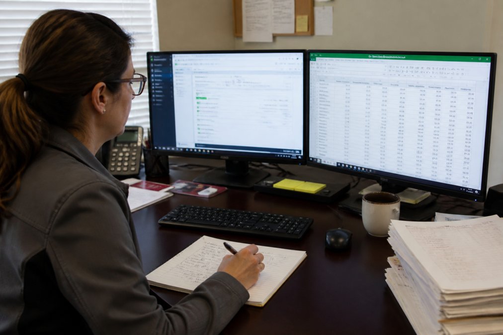 A construction bookkeeper at a desk with two monitors showing QuickBooks and a spreadsheet, reviewing retainage accounts with a notepad and pen nearby