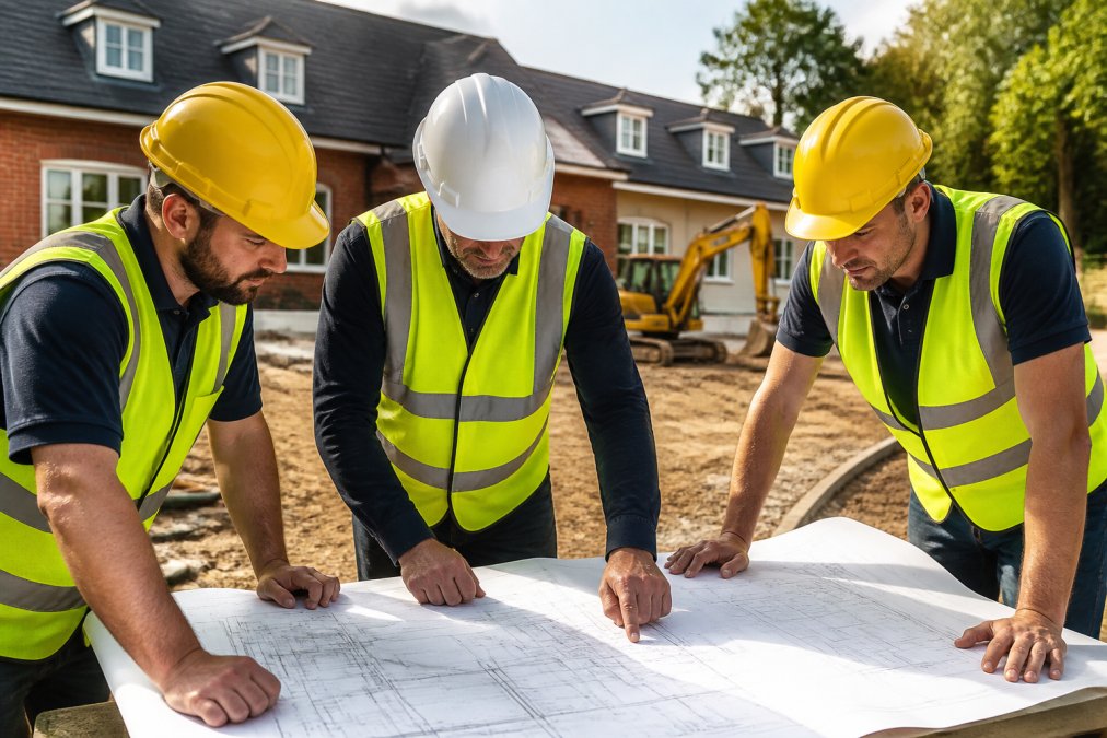 Construction team reviewing building blueprints and plans on site with residential properties and landscaping work visible in background, natural daylight