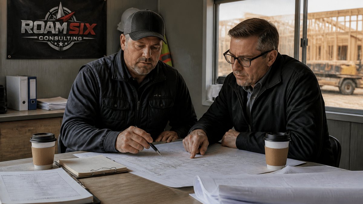 A construction company owner and a financial controller reviewing a cash flow forecast on a laptop in a job site trailer, with blueprints and coffee cups on the table
