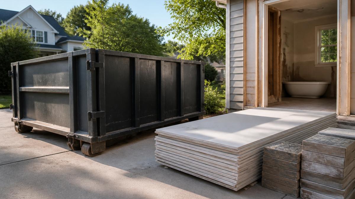 A 10-yard roll-off dumpster parked on a residential driveway beside a partially renovated bathroom, with stacked drywall sheets and tile boxes nearby, morning sunlight