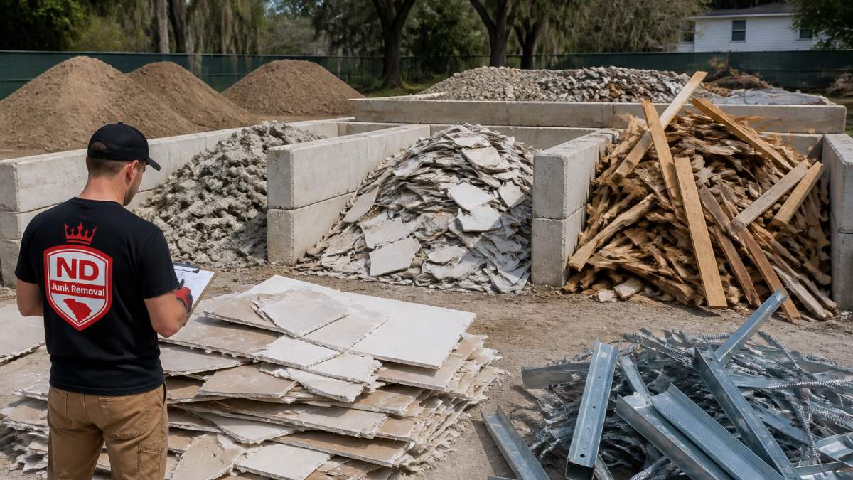 Job site showing piles of sorted construction debris including concrete chunks, broken tile pieces, lumber scraps, drywall sheets, and metal materials in separate staging areas