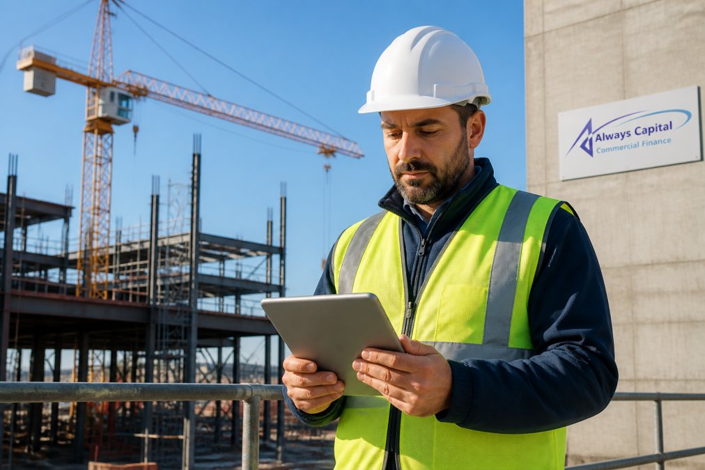 A construction site manager in a hard hat and safety vest reviewing plans on a tablet, with a crane and steel framework visible in the background under a clear sky