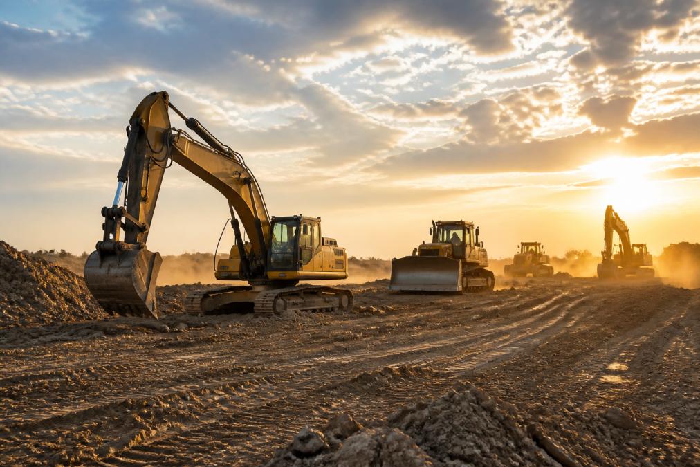 A modern construction site at sunrise with excavators and dozers working in tandem, dust catching the golden light, showing a range of heavy machinery in operation