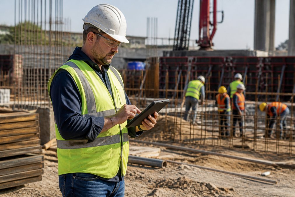 Construction site foreman reviewing digital work orders on a mobile tablet while crew members work in the background on a sunny jobsite