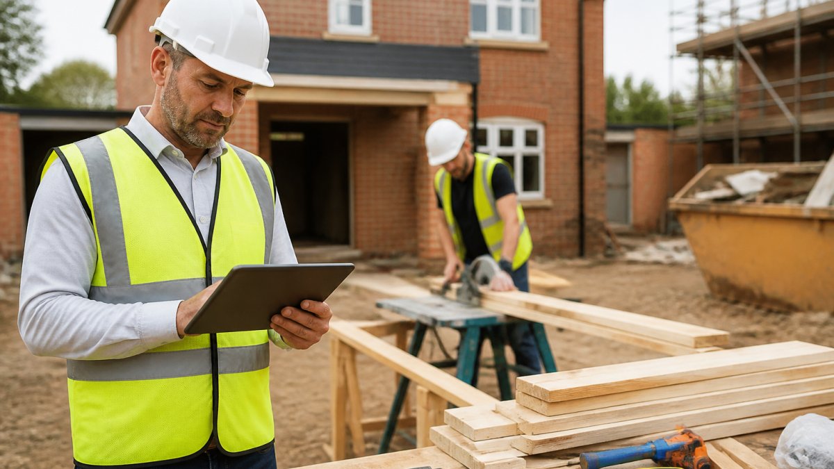 Site manager reviewing construction labour cost per hour in the UK on a tablet at a residential building site