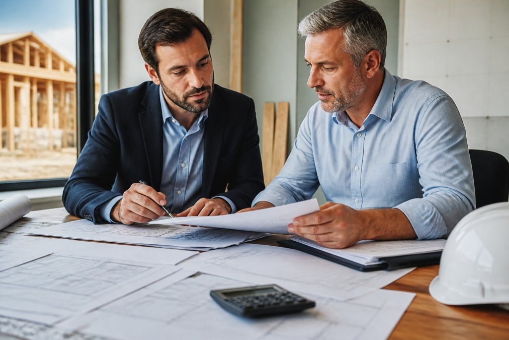 A real estate investor and a lender reviewing construction loan documents together at a desk, with blueprints and a calculator on the table