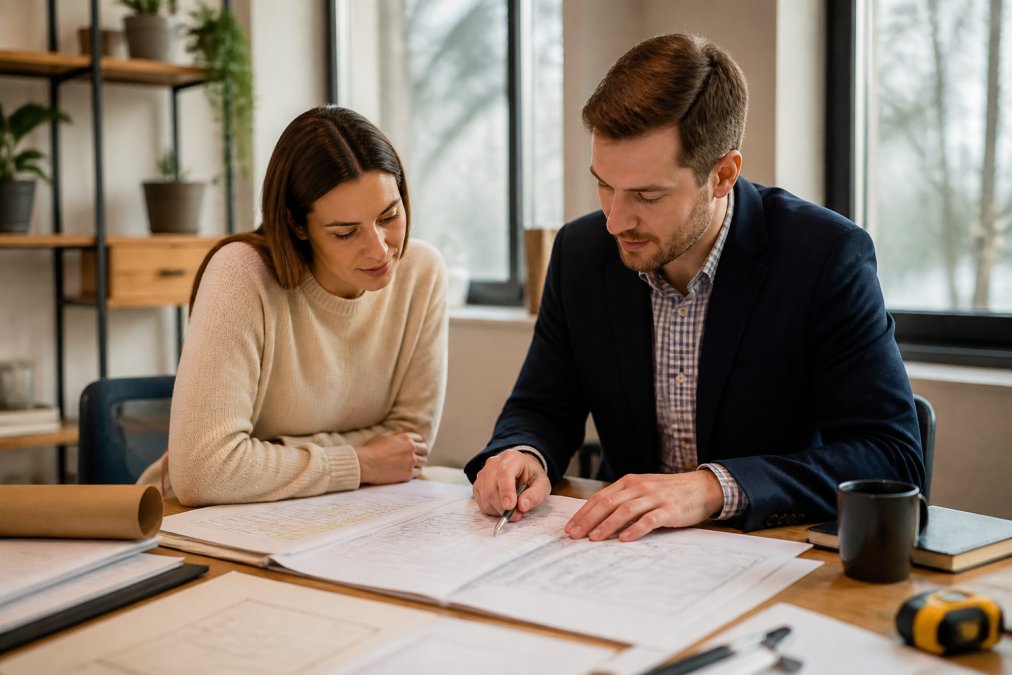 Professional illustration showing First for construction loan process