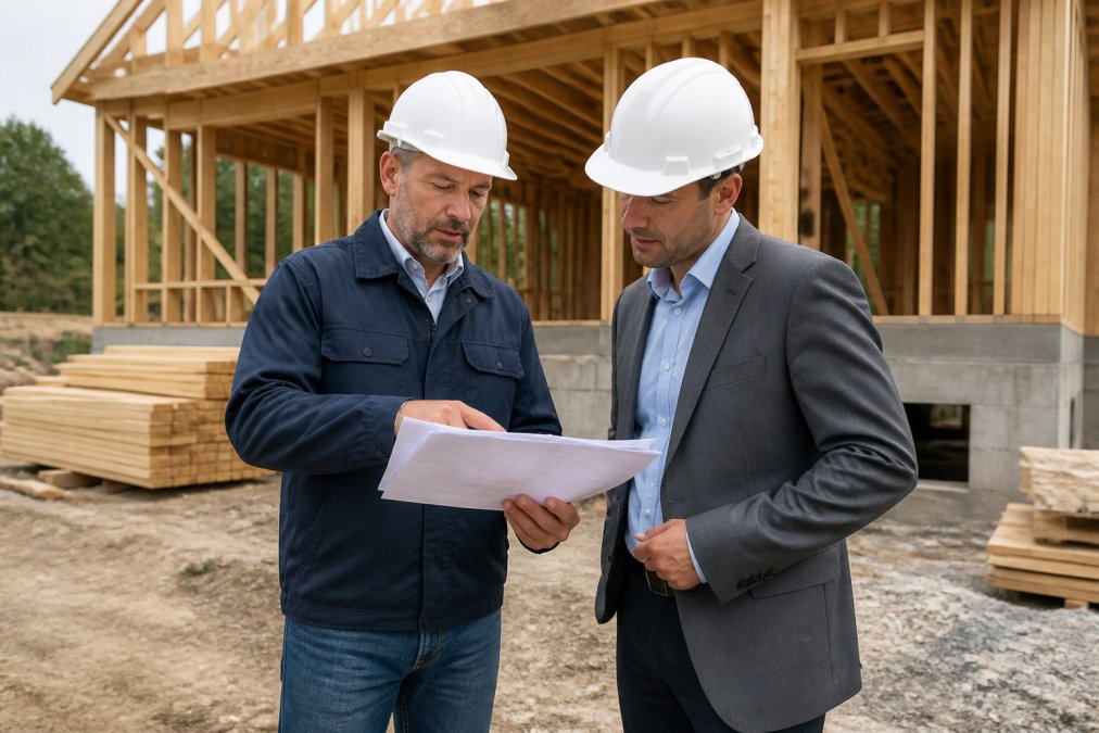 Contractor and lender reviewing site documents during construction loan vs hard money for builders project