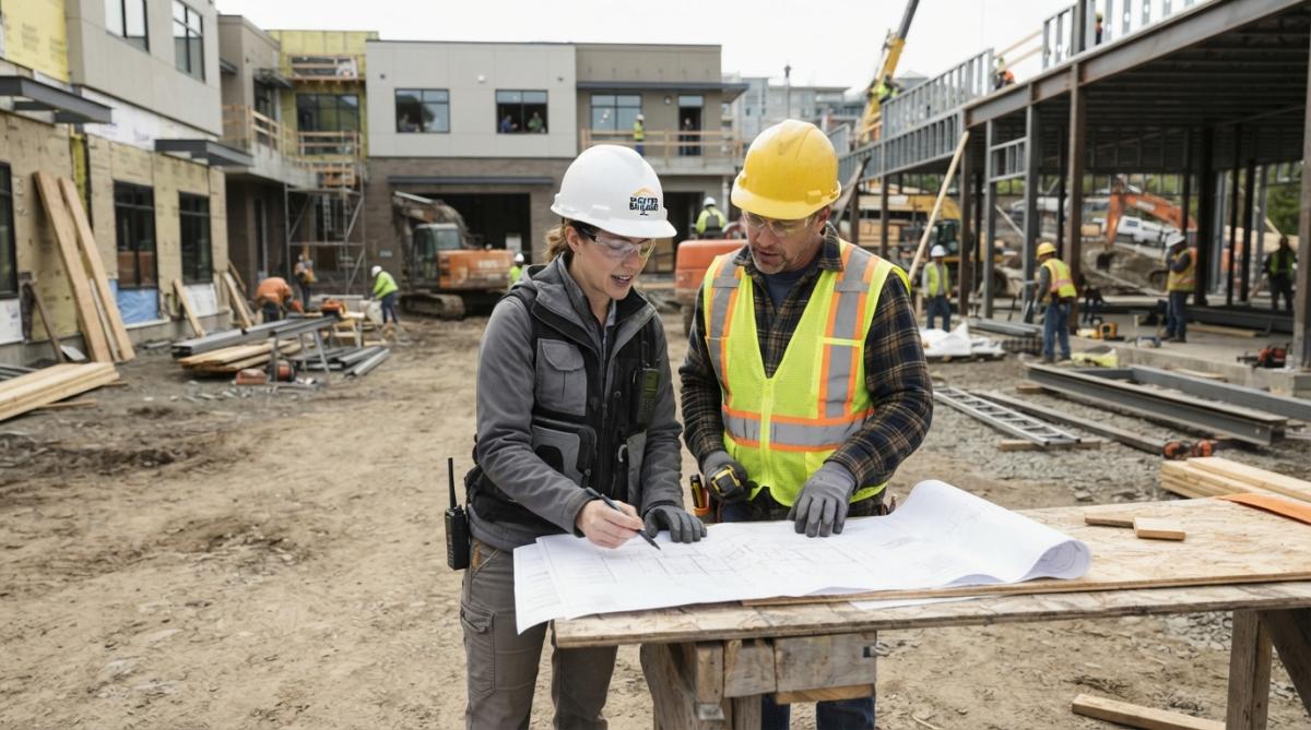 A project manager in a hard hat reviewing blueprints with a subcontractor on a partially completed commercial site, with framed building sections at different stages visible behind them