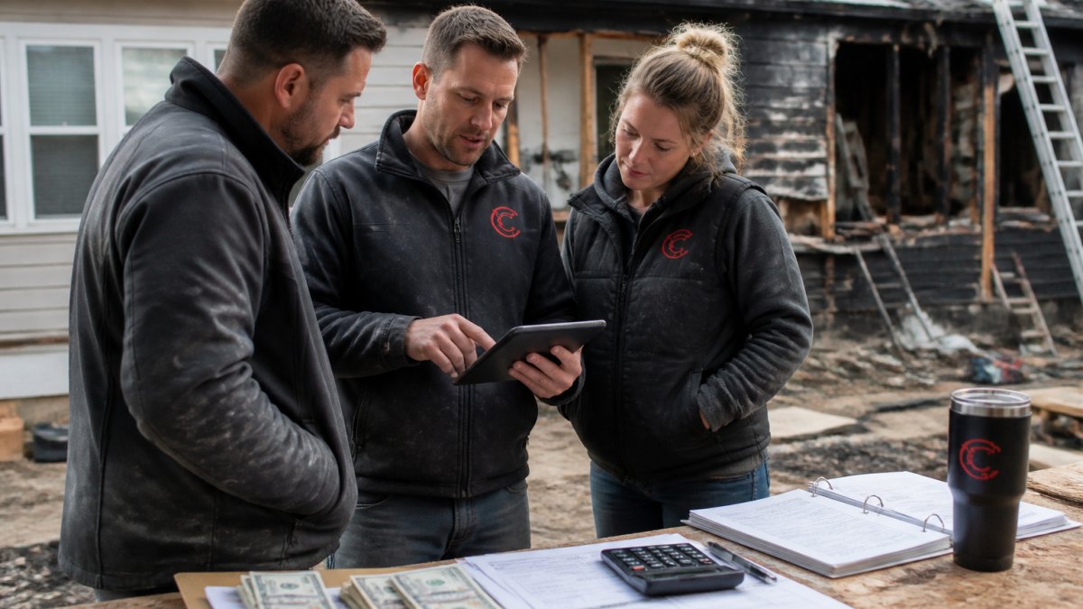 Restoration contractors reviewing construction management software costs on a tablet at a damaged job site.