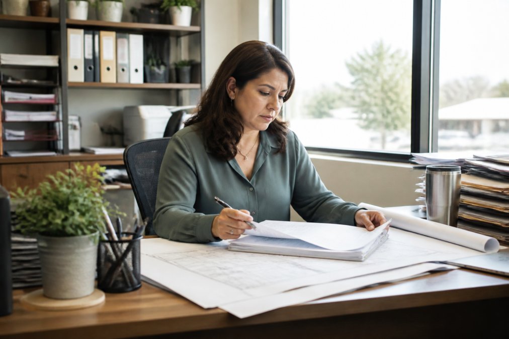 Office manager at a desk reviewing project schedules on a computer monitor with construction blueprints and documentation nearby, natural office lighting