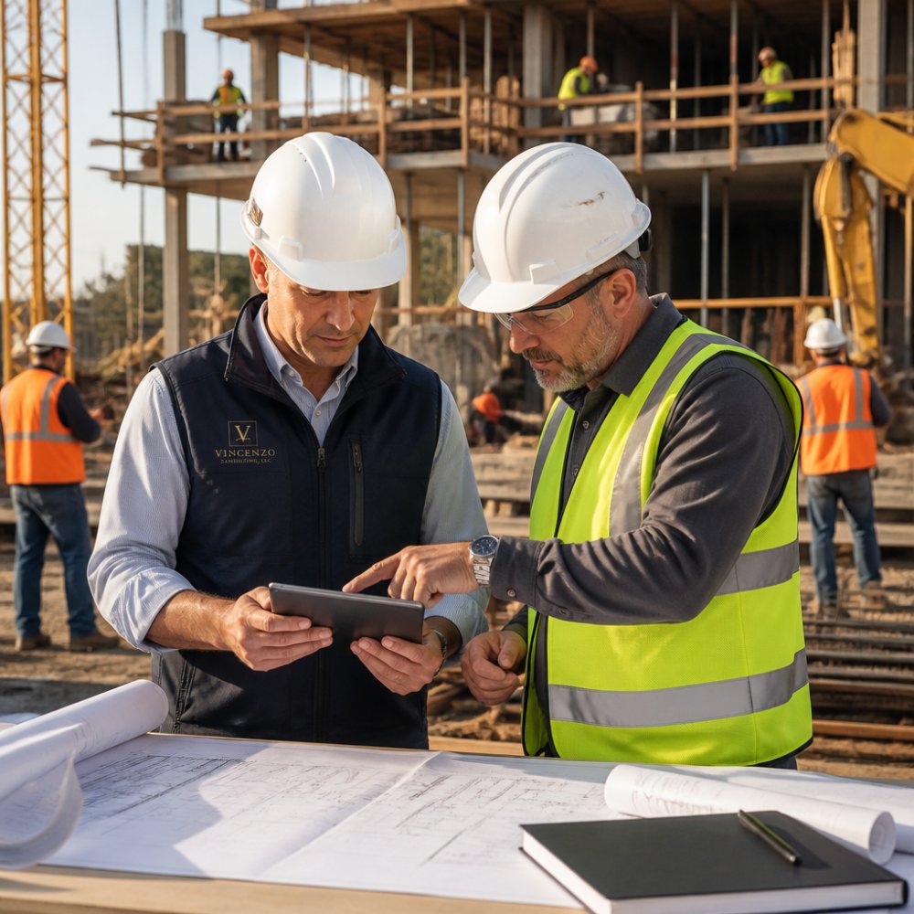 Professional construction supervisor and owner's representative reviewing project plans and progress on a tablet, with construction crews and equipment visible in the background on an active construction site