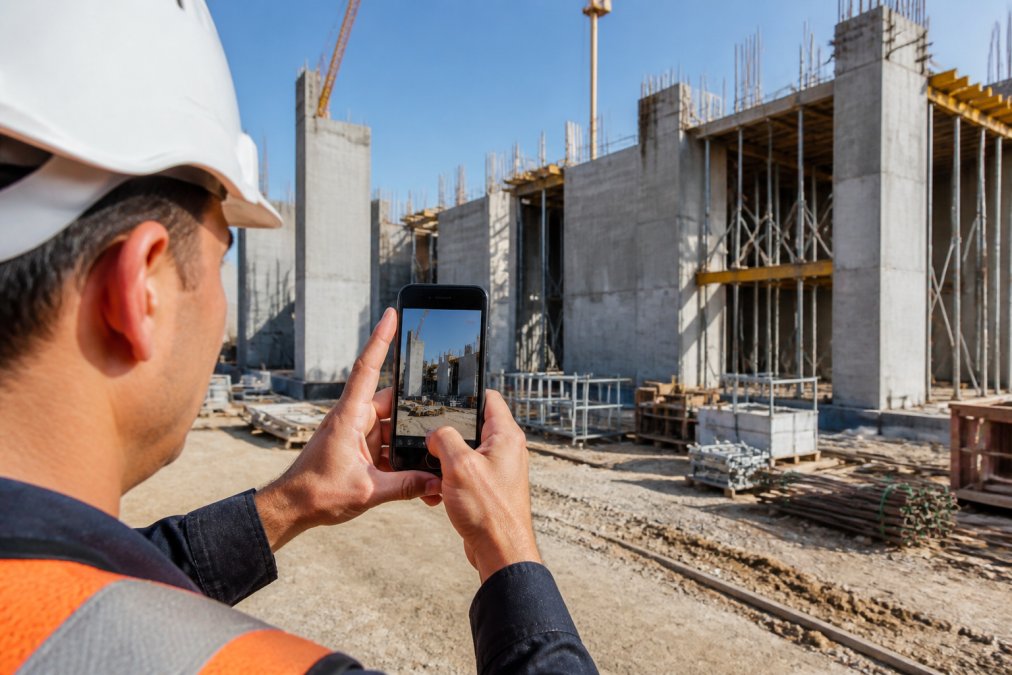 Field inspector on a construction site holding an Android device, photographing structural concrete elements with geotagging enabled, showing the mobile device screen displaying GPS coordinates and timestamp information in bright daylight