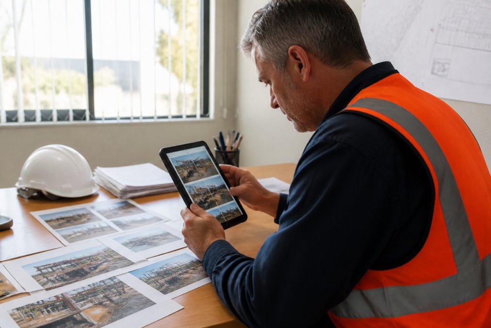 Project supervisor reviewing a formatted field report on a tablet in an office setting, with printed site photos and timestamped documentation spread across a desk, natural window lighting