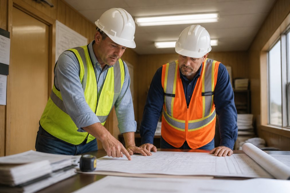 Construction project manager and site superintendent reviewing printed plans and documents together at a job site trailer desk, both in hard hats and safety vests, under bright overhead lighting inside a construction trailer