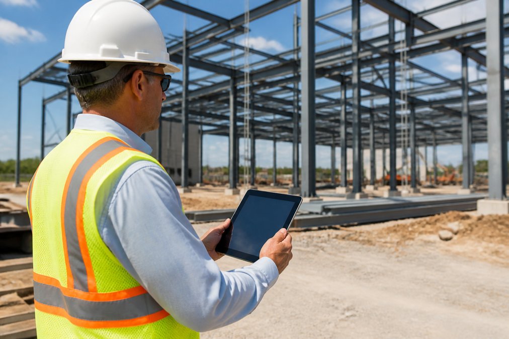 Owner's representative in a hard hat and safety vest holding a tablet displaying a construction management dashboard, standing on an active job site with steel structural framing visible in the background under natural daylight