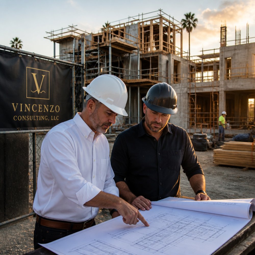 Owner's representative and contractor reviewing blueprints for construction project advocacy on a building site