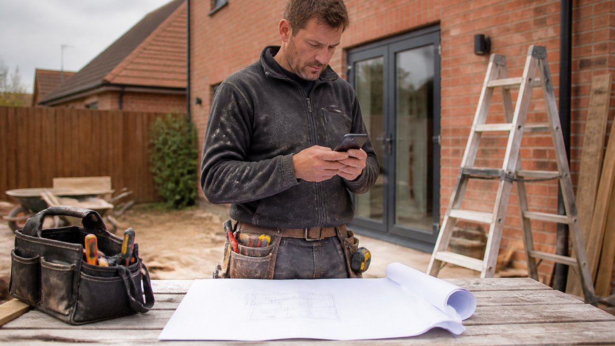 Tradesperson on a residential site using construction project management software on a smartphone
