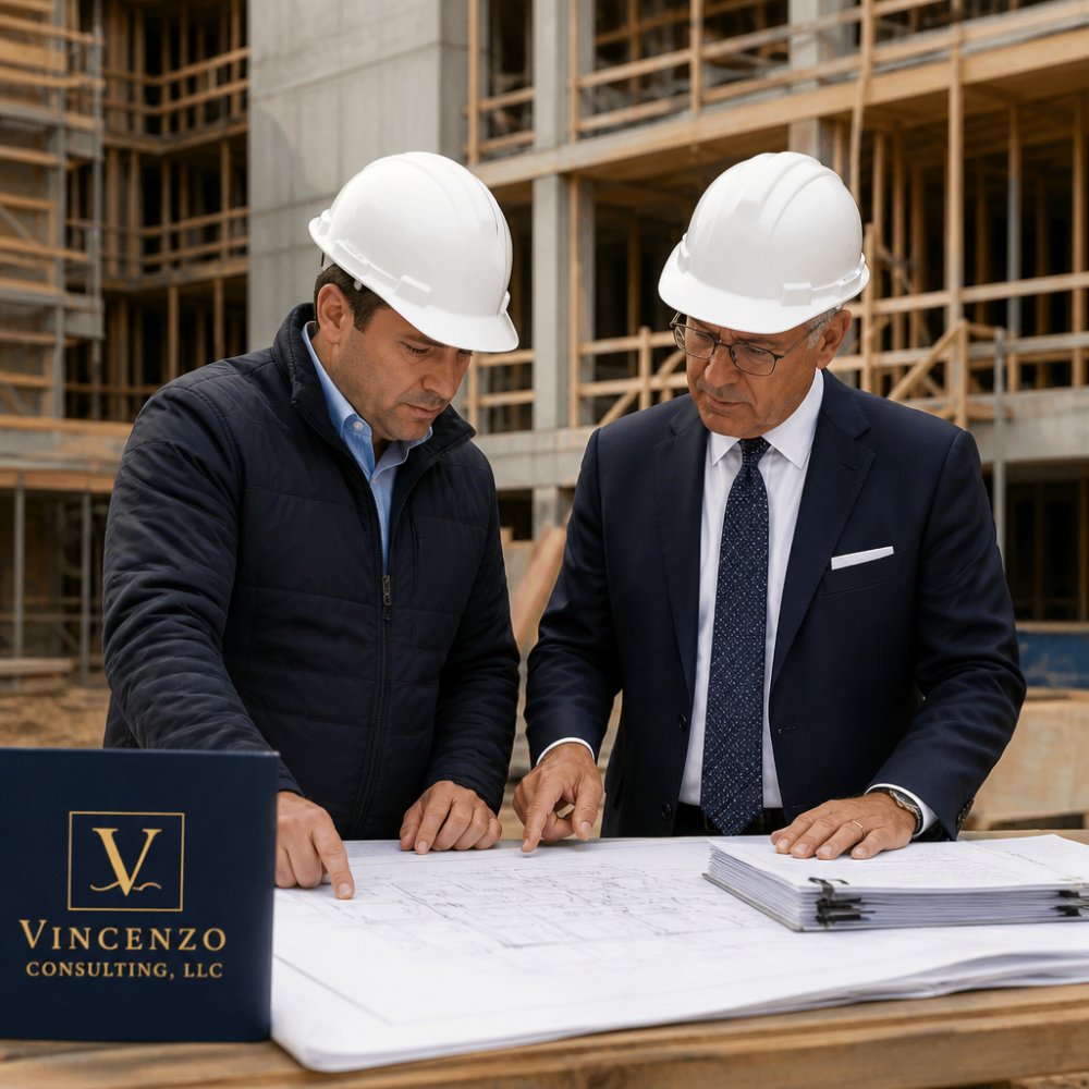 Construction site manager and investor reviewing blueprints and progress reports together on-site, with building framework visible in background
