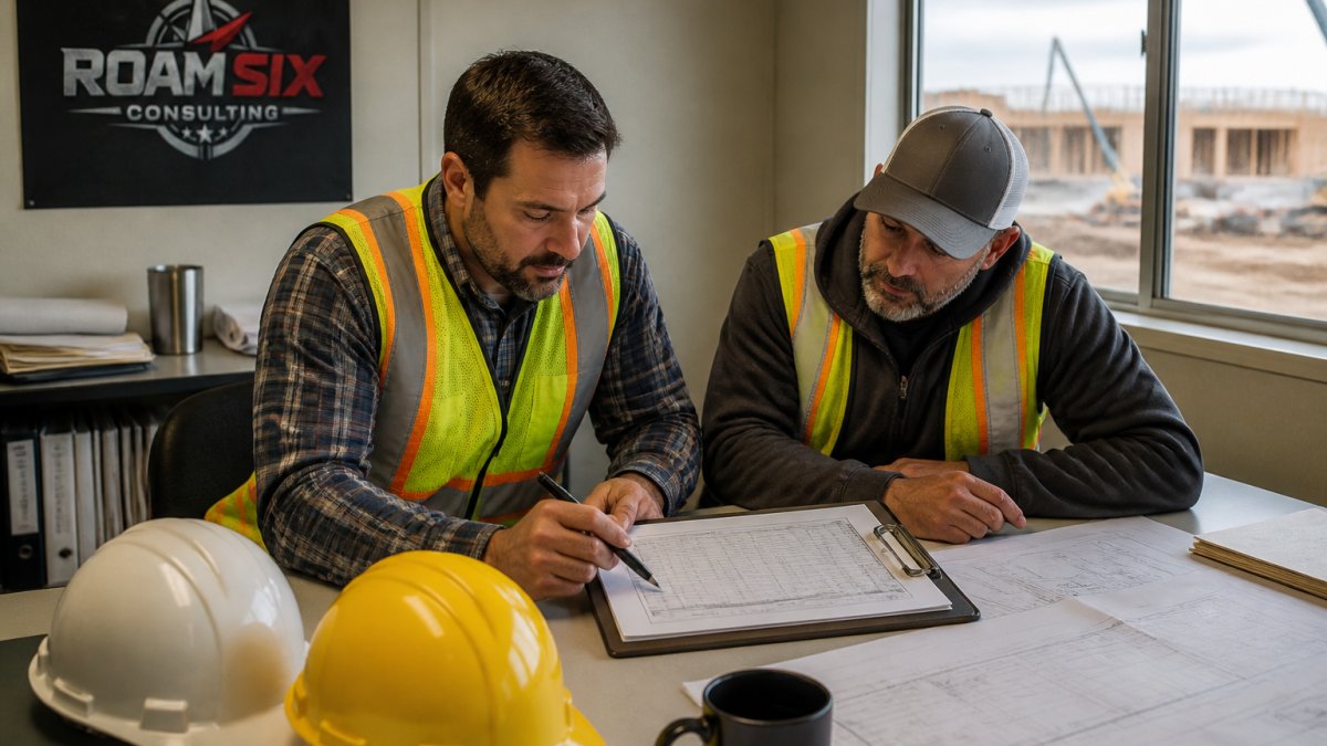 Construction manager and superintendent reviewing a risk management register at a job site trailer desk