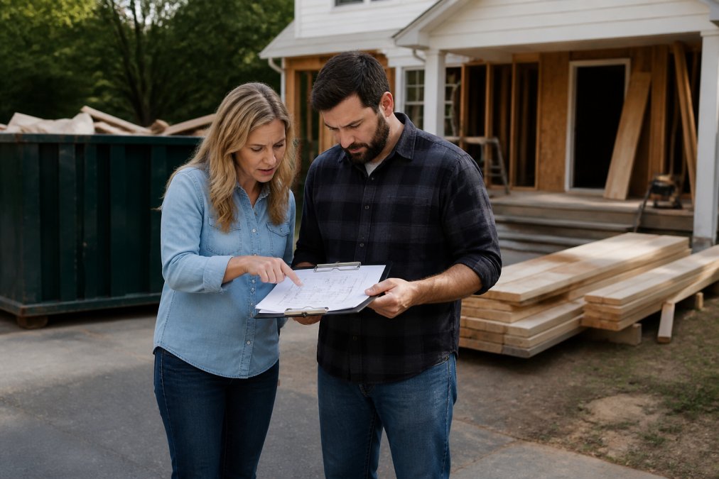 Contractor and homeowner reviewing a site layout plan for construction site organization in a driveway.