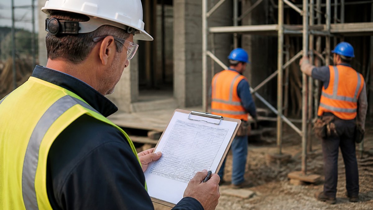 A construction site supervisor in a hard hat and safety vest reviewing a printed risk assessment form on a clipboard with two workers in the background near scaffolding