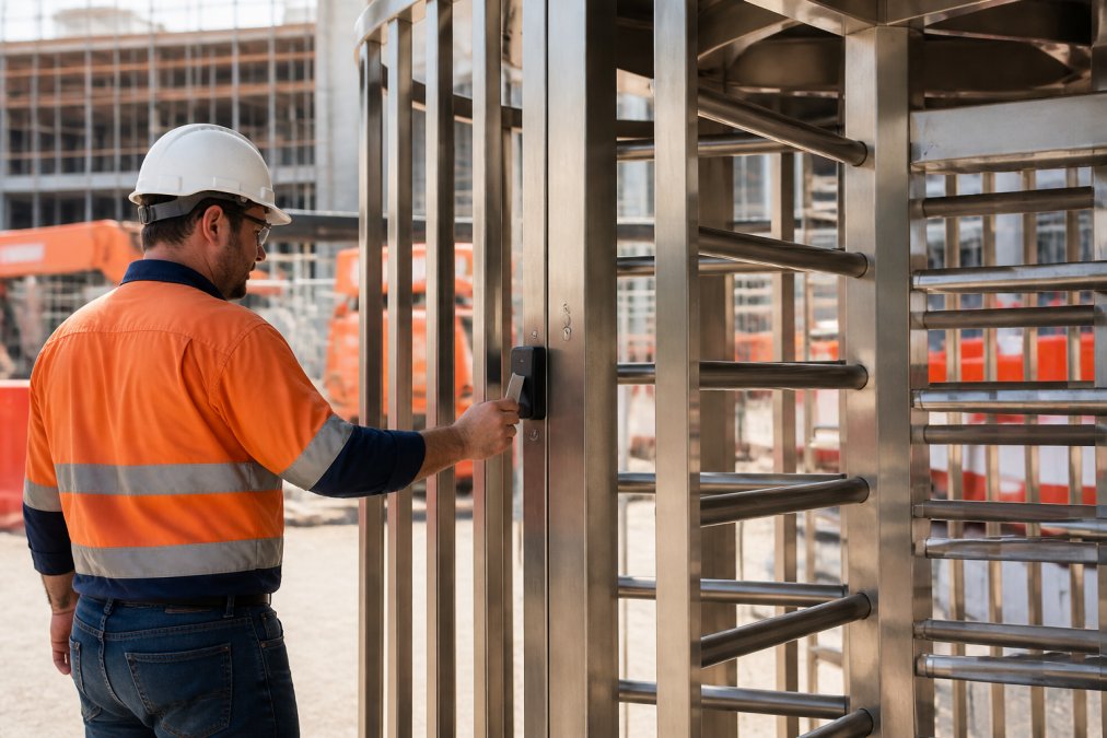 Close-up of a full-height turnstile access control gate at a construction site entrance, with a worker presenting an ID card to the reader in bright daylight