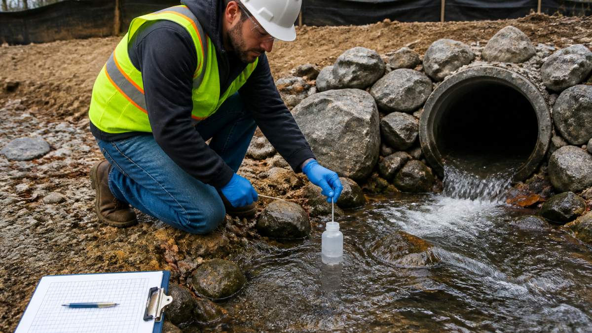 Field technician performing stormwater sampling at a construction site outfall with a field log nearby.