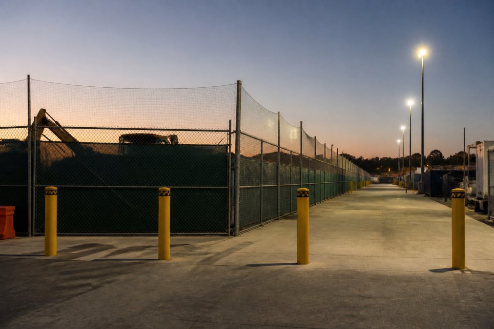 Construction site secured with chain-link fencing topped with anti-climb netting, vehicle bollards at entrance, and illuminated perimeter at dusk