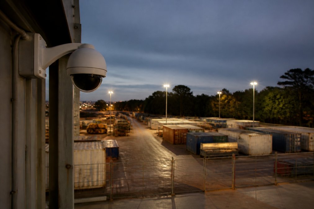 High-resolution IP security camera mounted on construction site structure with clear sightline to equipment storage containers and site entrance, mounted at dusk with perimeter lighting visible