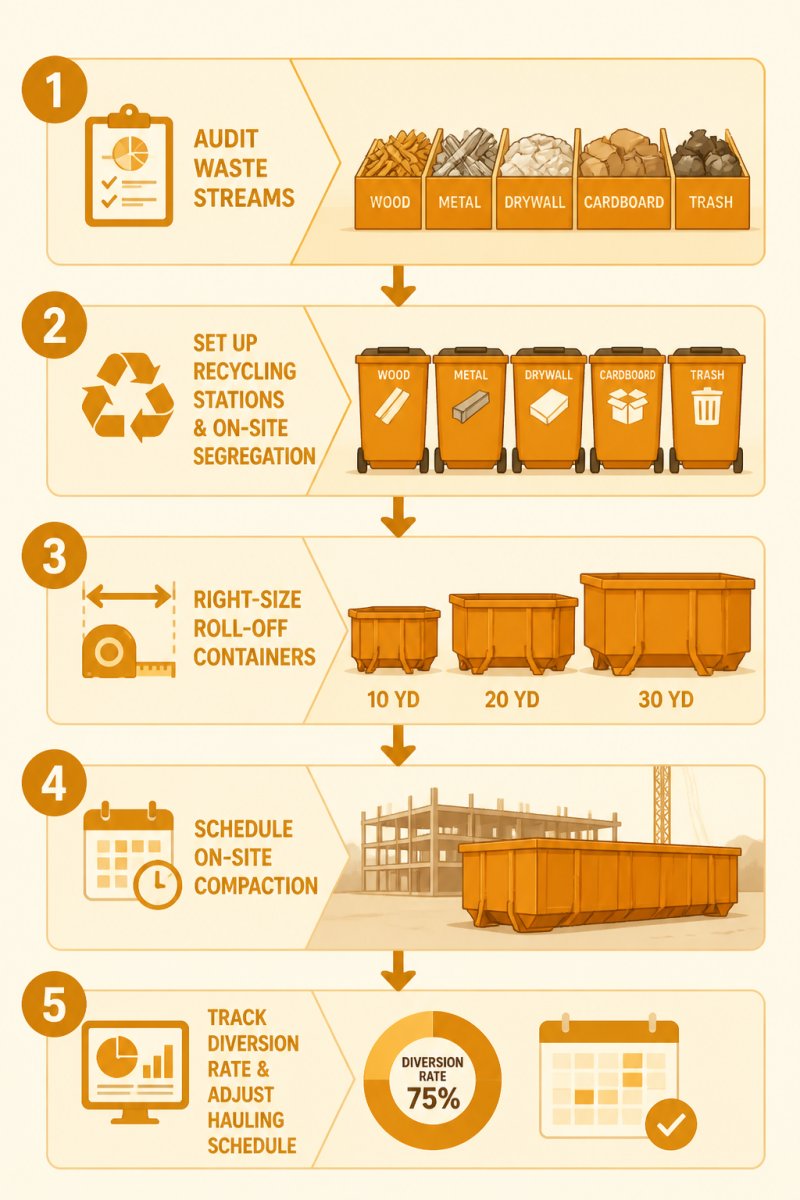 Five-step flowchart for construction site waste management solutions to reduce dumpster hauling frequency.
