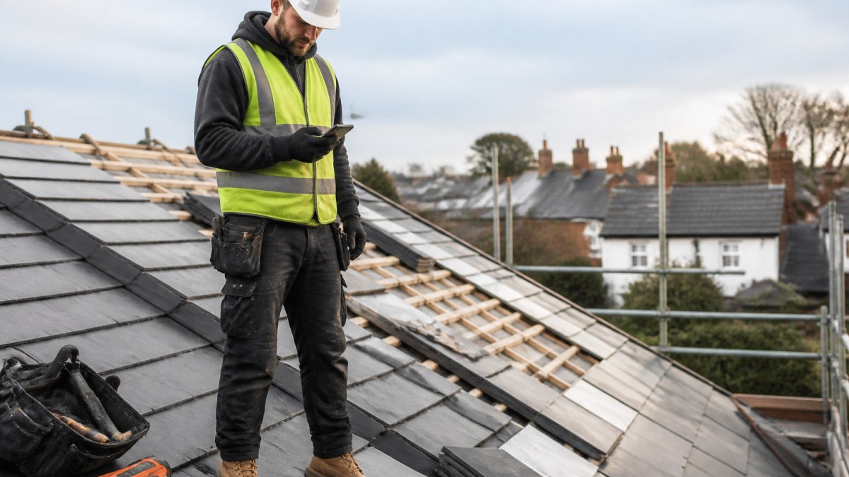 A tradesperson in work gear standing on a roof holding a smartphone and checking a job sheet, with tools and roofing materials visible around them in daylight