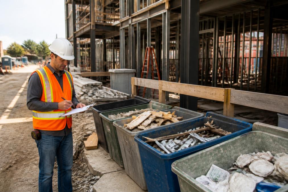 Construction manager reviewing waste audit documentation at job site with clipboard, standing beside organized material sorting area with labeled containers for different debris types