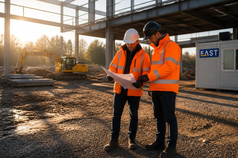Two construction workers in orange hi-vis jackets with reflective strips reviewing plans on a building site, one wearing a hard hat and safety boots, morning light