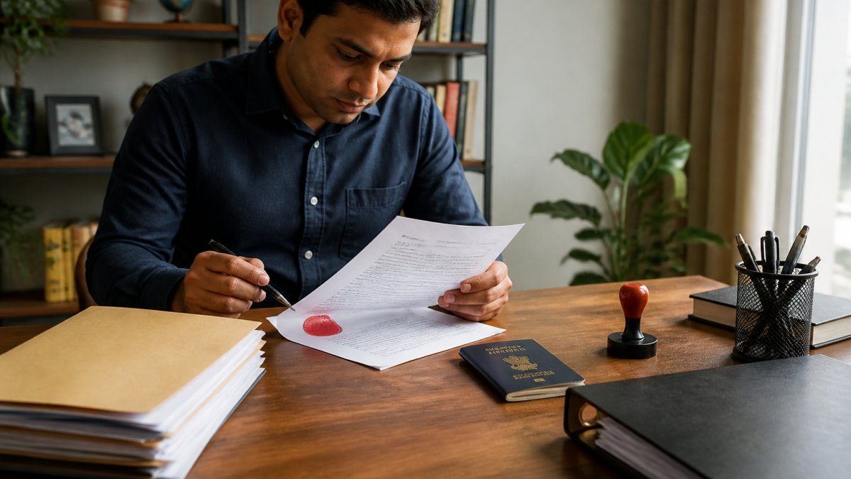 Person reviewing a power of attorney document for consulate attestation at a desk with a passport and notary seal