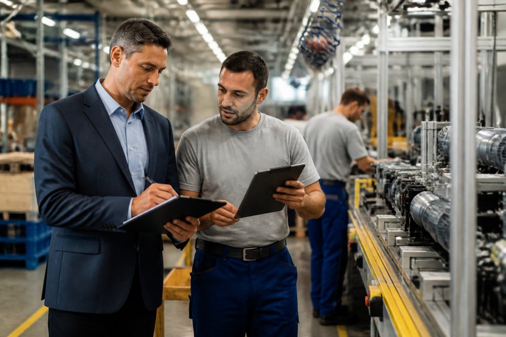 Consulente e responsabile di produzione analizzano i cicli di lavorazione su una linea di assemblaggio industriale