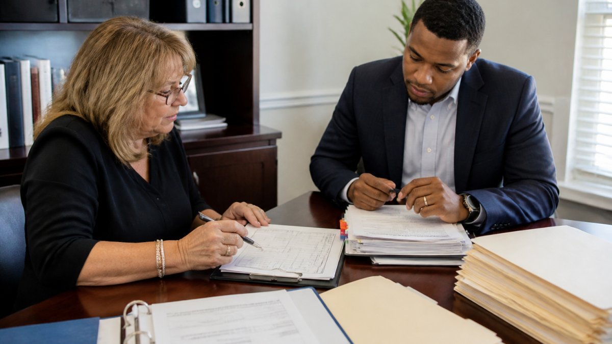 Healthcare consultant and agency founder reviewing state licensing requirements and compliance documentation at a desk with organized files and regulatory materials