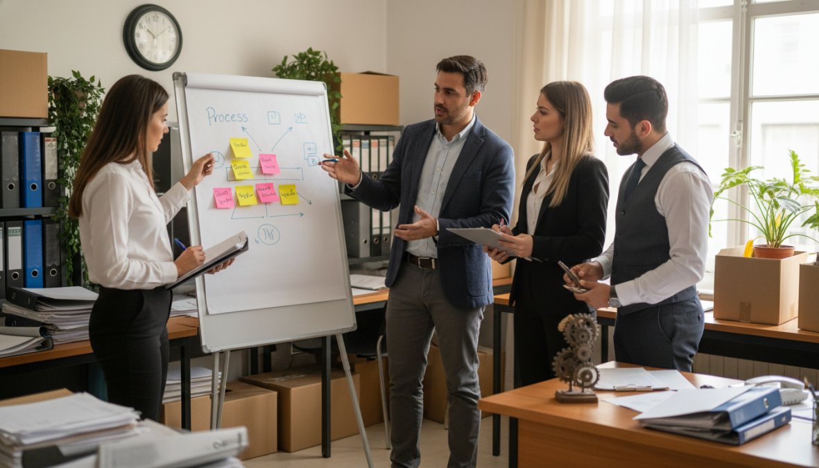 Consultor de procesos para pymes explica un flujo de trabajo en una pizarra a un equipo de emprendedores en una oficina.