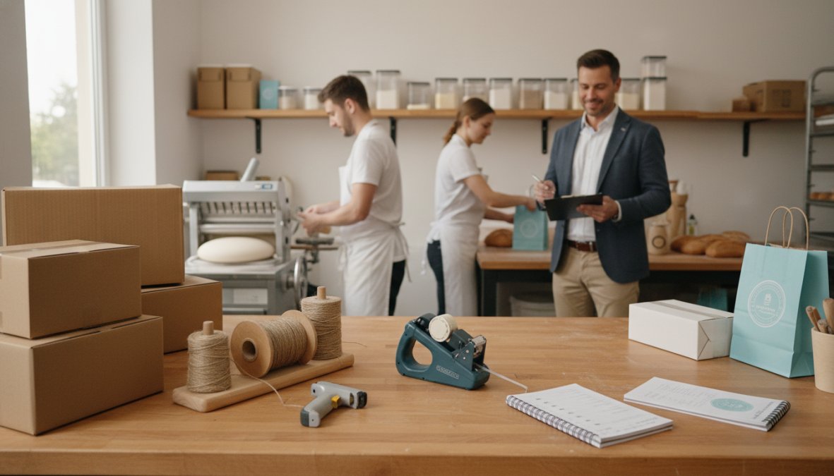 Small business owner and consultant reviewing printed process documents and a laptop together at a wooden desk in a small office, with sticky notes on the wall behind them, warm natural lighting