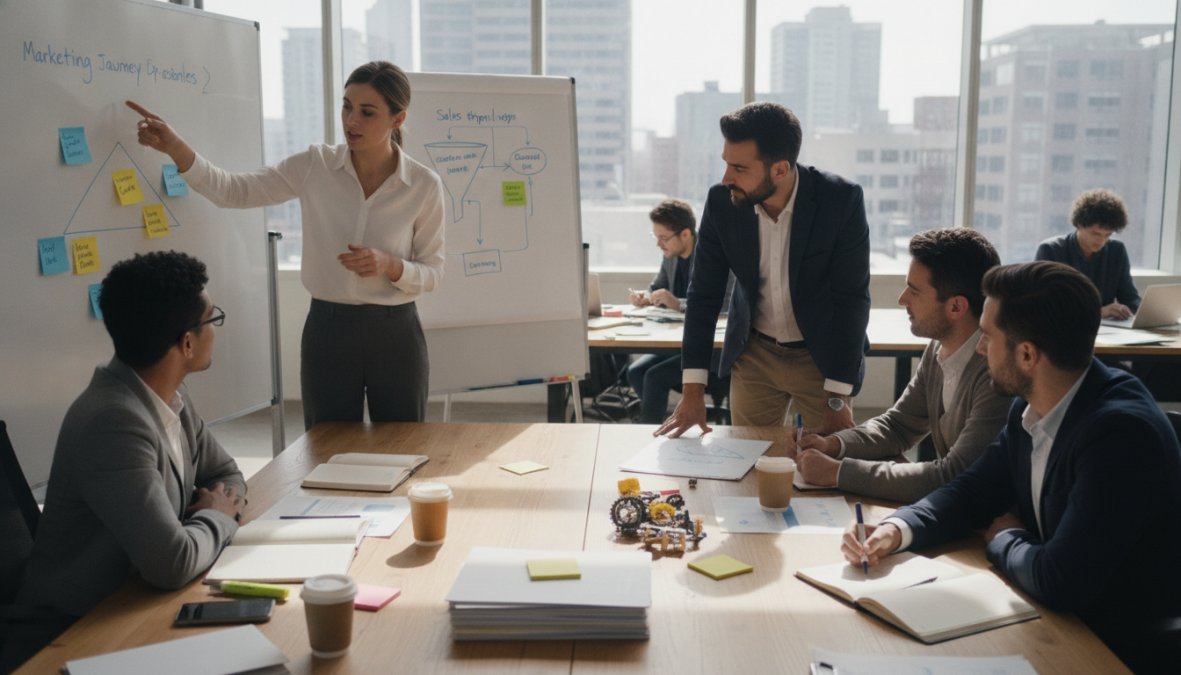 Equipo de cuatro profesionales de marketing sentados alrededor de una mesa de madera clara con laptops abiertos, pantallas mostrando dashboards de datos y métricas de campaña, en una oficina moderna con luz natural