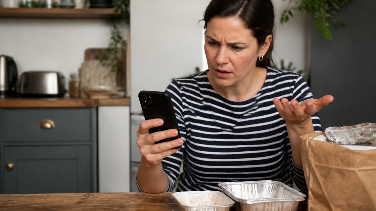 Person holding a smartphone showing a delivery app with a concerned expression, sitting at a kitchen table with an opened food delivery package in front of them